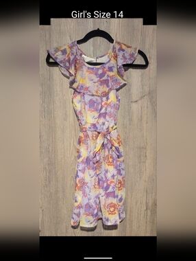 Girls' Floral Ruffle Belted Dress in Lavender and Yellow